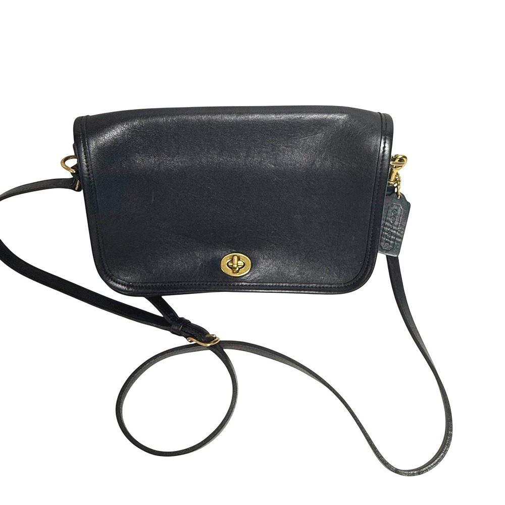 Vintage Coach Black Leather Pocket Purse 9755 Turnlock Crossbody Bag Womens